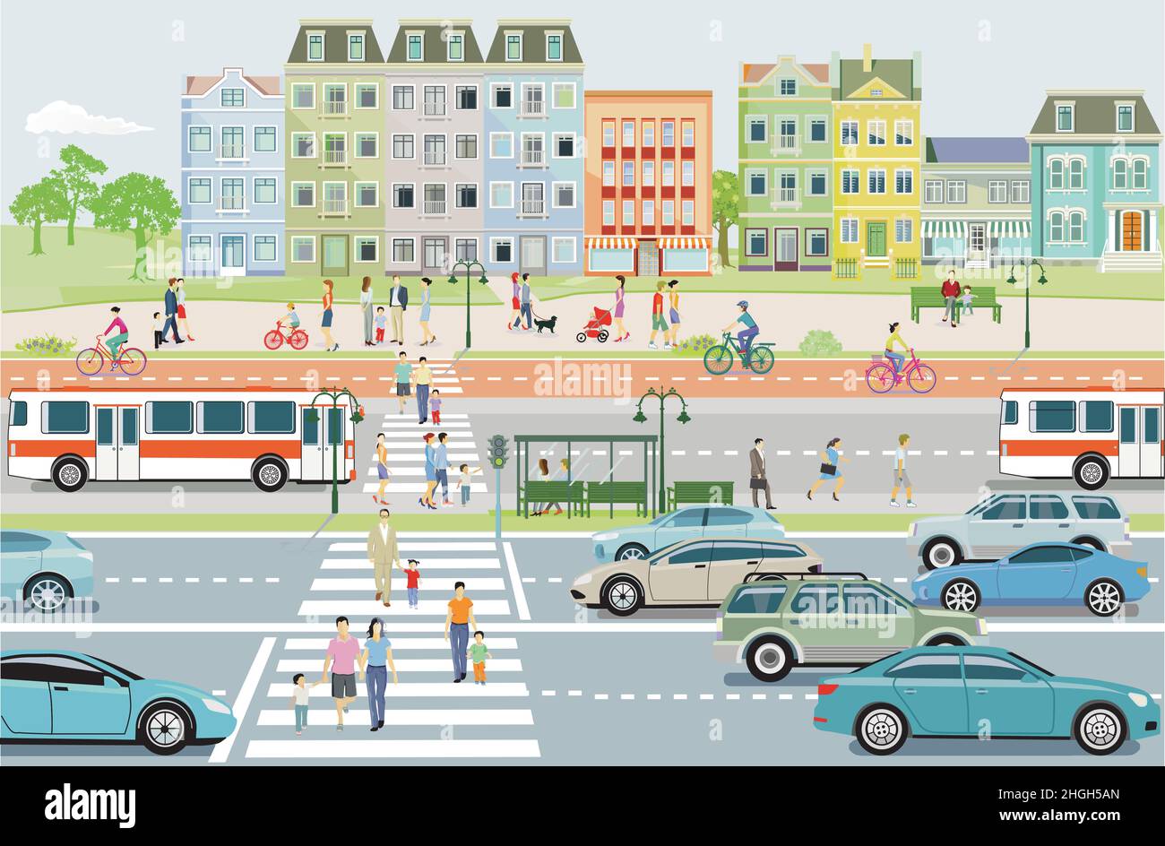 Traffico stradale con linea di autobus, e trasporti pubblici, illustrazione Illustrazione Vettoriale