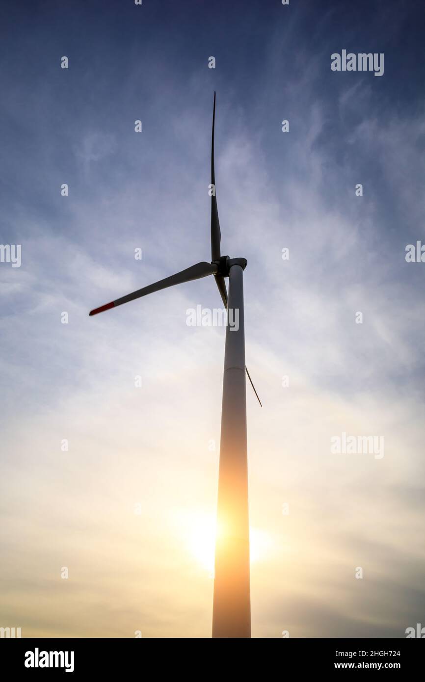 Turbina eolica e cielo blu al tramonto. Foto Stock