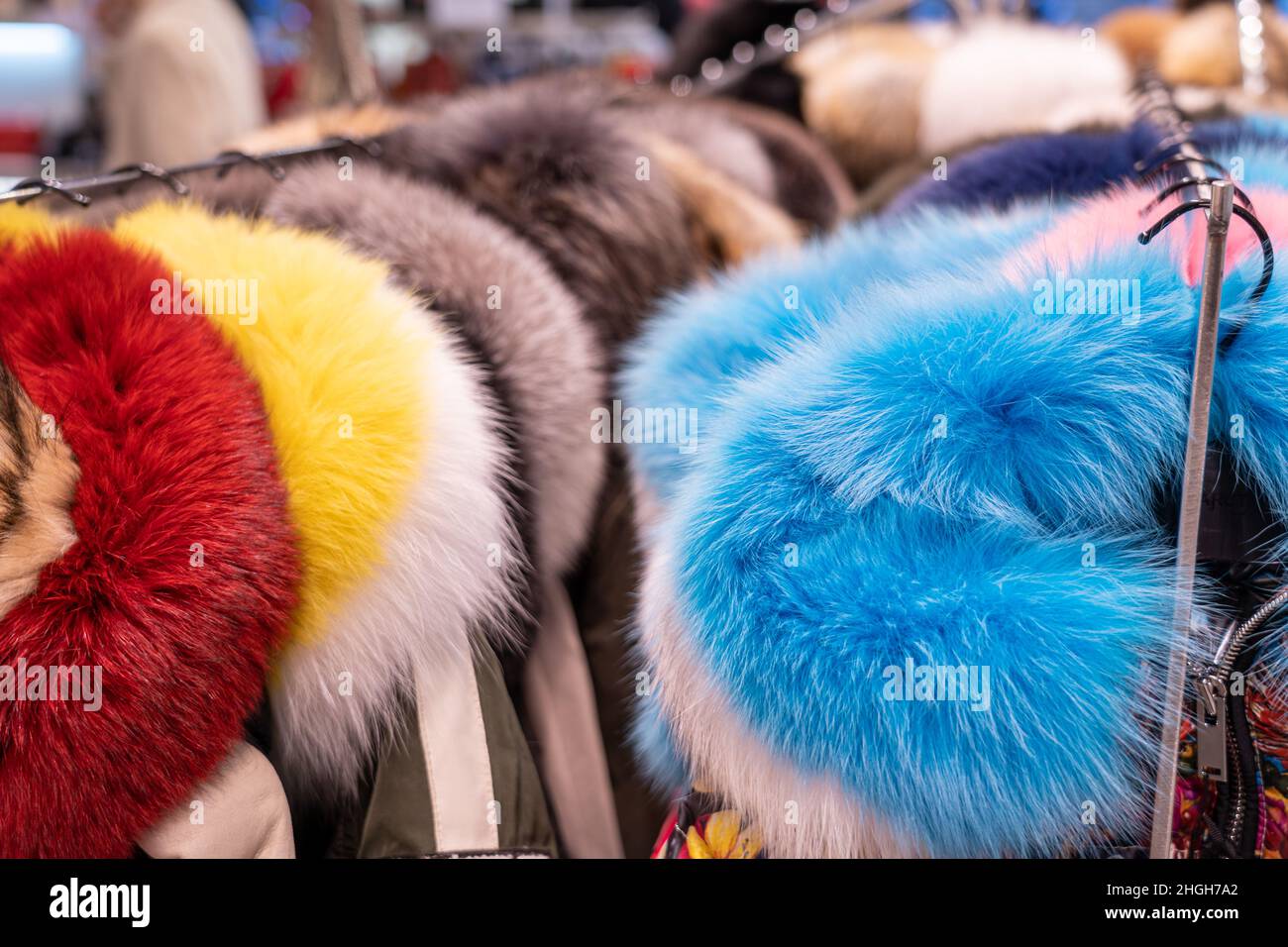 Cappotti di pelliccia in fila su un appendiabiti nel negozio. Moda femminile, abiti in pelliccia di visone naturale di diversi colori Foto Stock