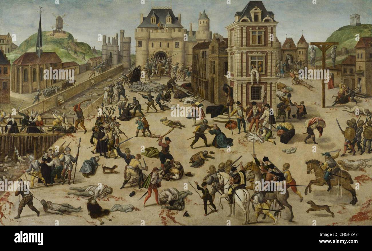 Das Blutbad der Bartholomäusnacht, Gemälde von Francois Dubois, um 1584, Bartholomäusnacht, Pariser Bluthochzeit, Massacre de la Saint-Barthélemy, War ein pogrom an französischen Protestanten, den Hugenotten, das in der Nacht vom 23. zum 24. 1572 agosto, dem Bartholomäustag, stattfand / il bagno di sangue della Notte di San Bartolomeo, dipinto da Francesco Dubois, c.. 1584, Notte di San Bartolomeo, matrimonio del sangue parigino, Massacre de la Saint-Barthélemy, era un pogrom contro i protestanti francesi, gli Ugonotti, che si è svolto la notte del 23-24 agosto 1572, giorno di San Bartolomeo, Historiisch, Foto Stock