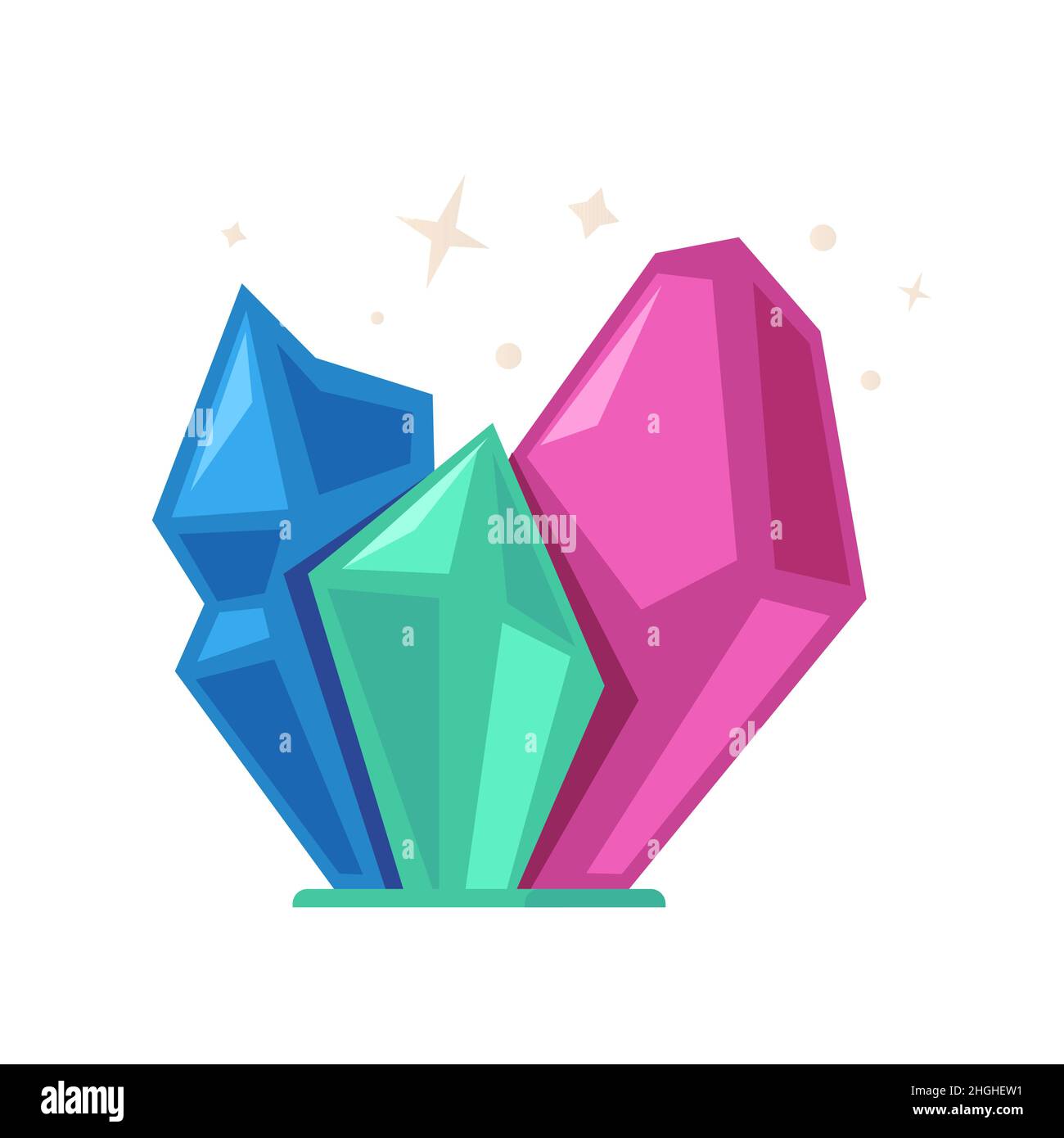 Magic Crystal - moderno oggetto isolato in stile design piatto. Immagini dettagliate e pulite di rocce ruvide multicolore e lucenti con potere magico. Rarità, va Illustrazione Vettoriale