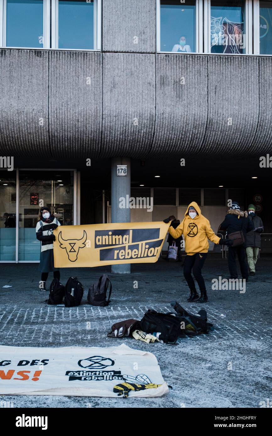 Berlino, Germania. 21st Jan 2022. Nelle ore mattutine circa 50 attivisti della RIBELLIONE DI ESTINZIONE (XR) hanno protestato di fronte alla sede della Bayer AG a Berlino. Il ha anche bloccato la strada di fronte per un breve periodo di tempo. Nei discorsi hanno condannato il coinvolgimento di Bayer nella produzione di erbicidi, pesticidi e fungicidi, che portano all'estinzione di molte specie e stanno danneggiando gli ecosistemi nelle zone in cui vengono utilizzati. Vendono prodotti vietati nell'UE in altre parti del mondo. (Credit Image: © Ralph Pache/PRESSCOV via ZUMA Press Wire) Foto Stock