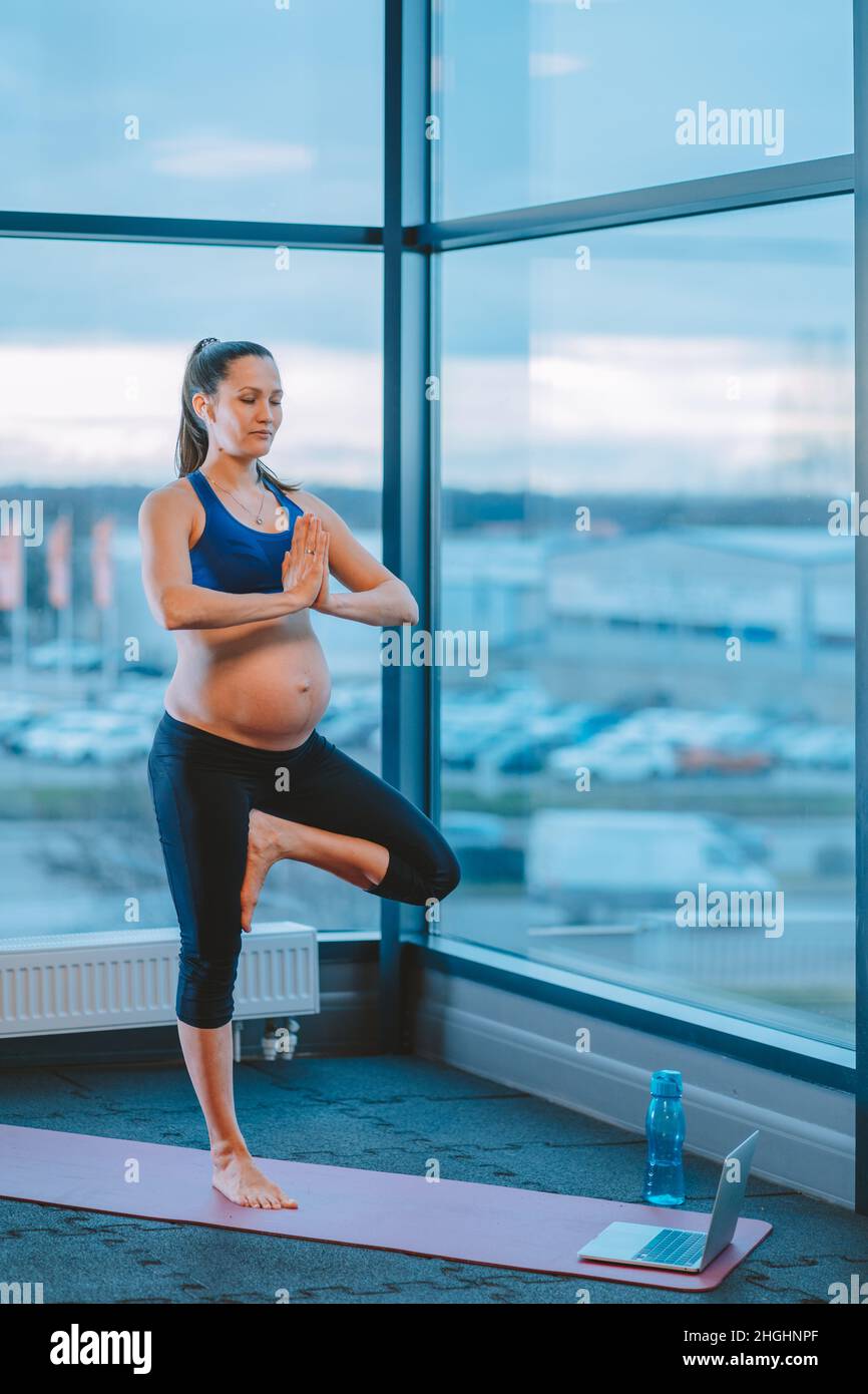 Giovane donna incinta calma in posa di albero durante l'allenamento prenatale in palestra o studio Foto Stock