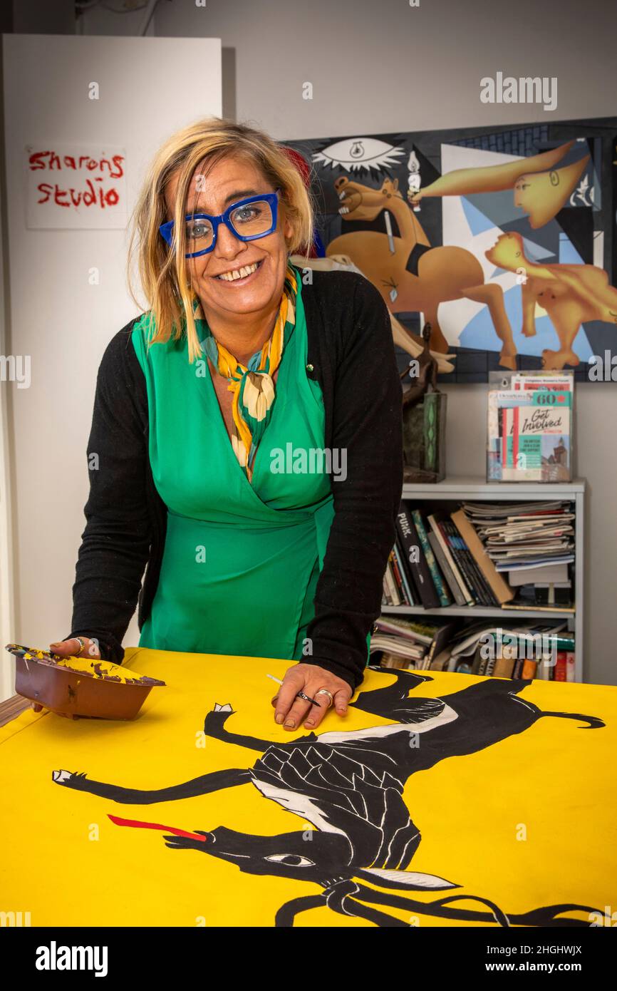 Regno Unito, Inghilterra, Cheshire, Congleton, Electric Picture House, officina e galleria d'arte, Creative Heritage Artistic leader Petra Lea Painting Charter 750 ce Foto Stock