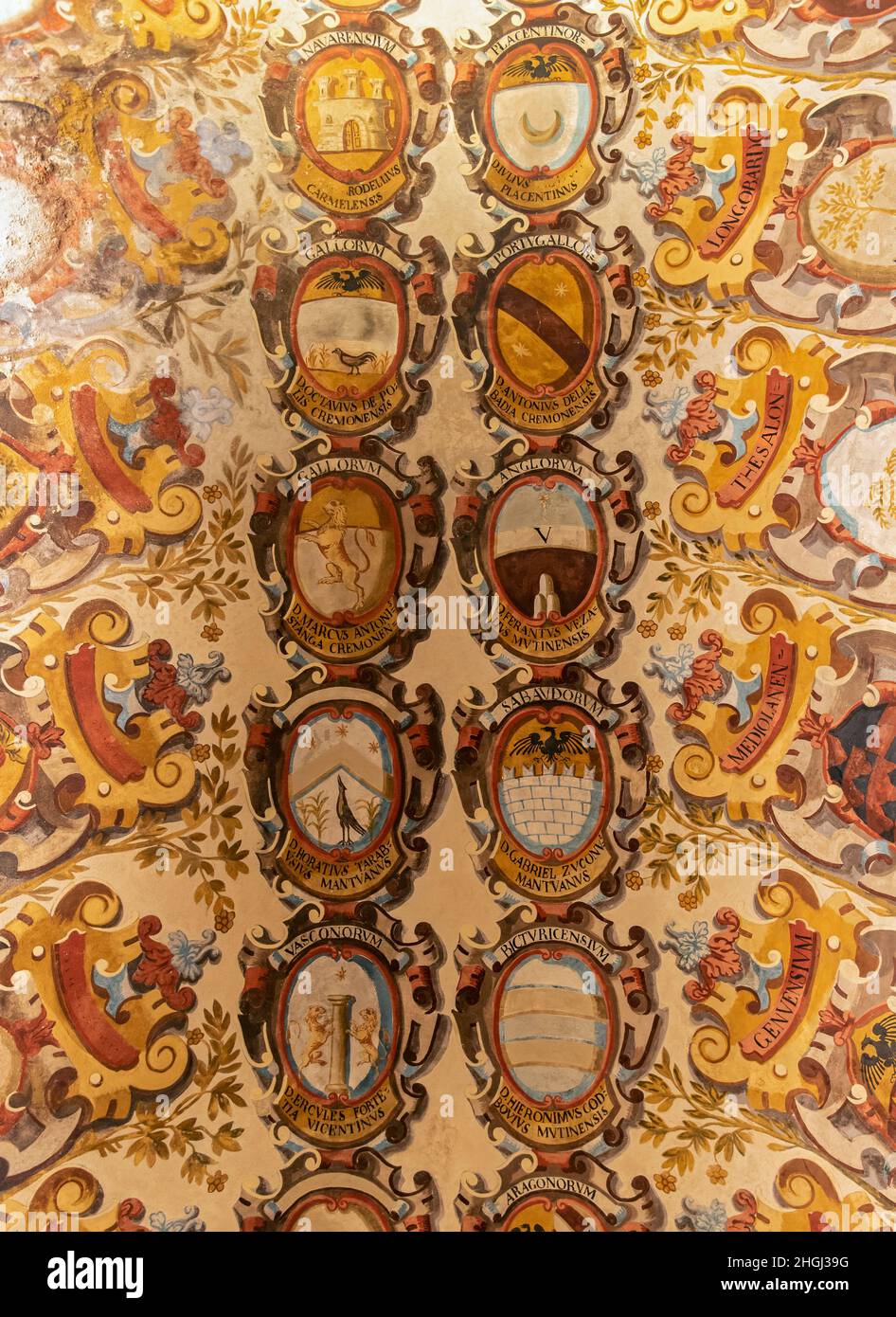 Stemmi sul soffitto del Palazzo di Archiginnasio, Università di Bologna, Italia Foto Stock