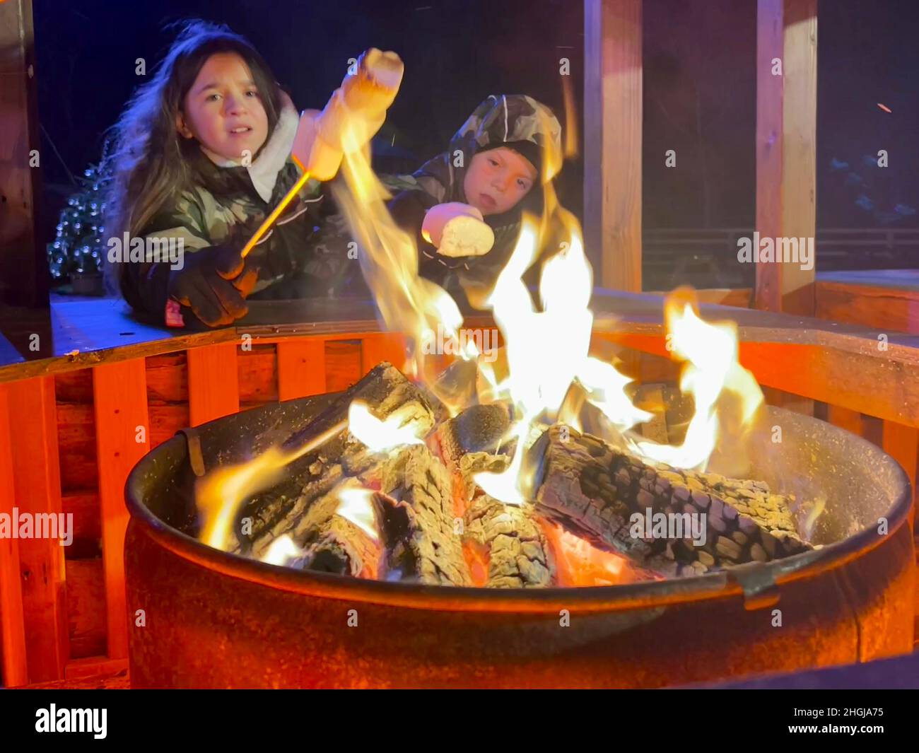 Bambini al Fire Pit barbecue Foto Stock
