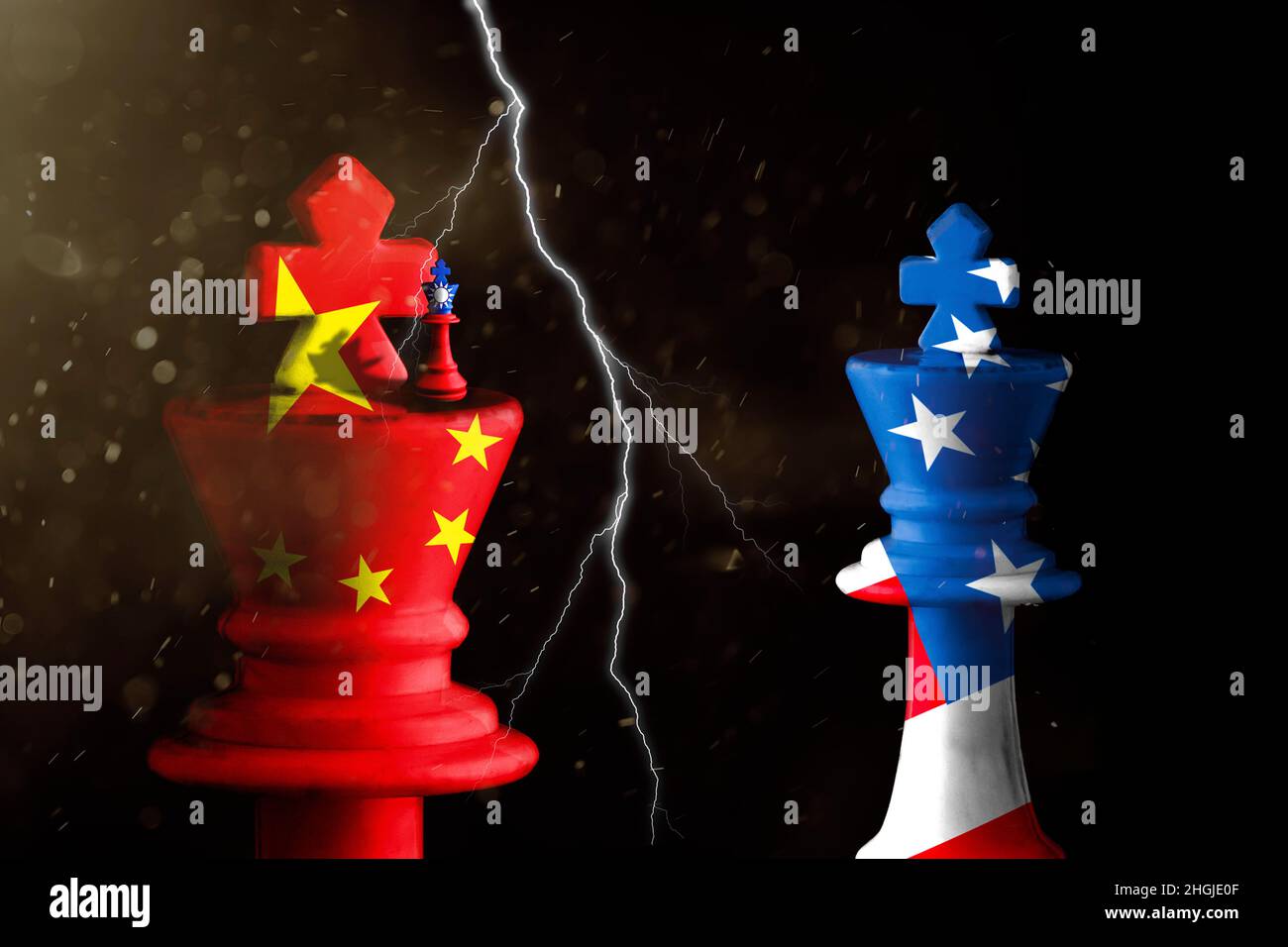 cina, taiwan e noi bandiere dipingono sopra il re degli scacchi. 3D illustrazione. crisi cina contro taiwan Foto Stock