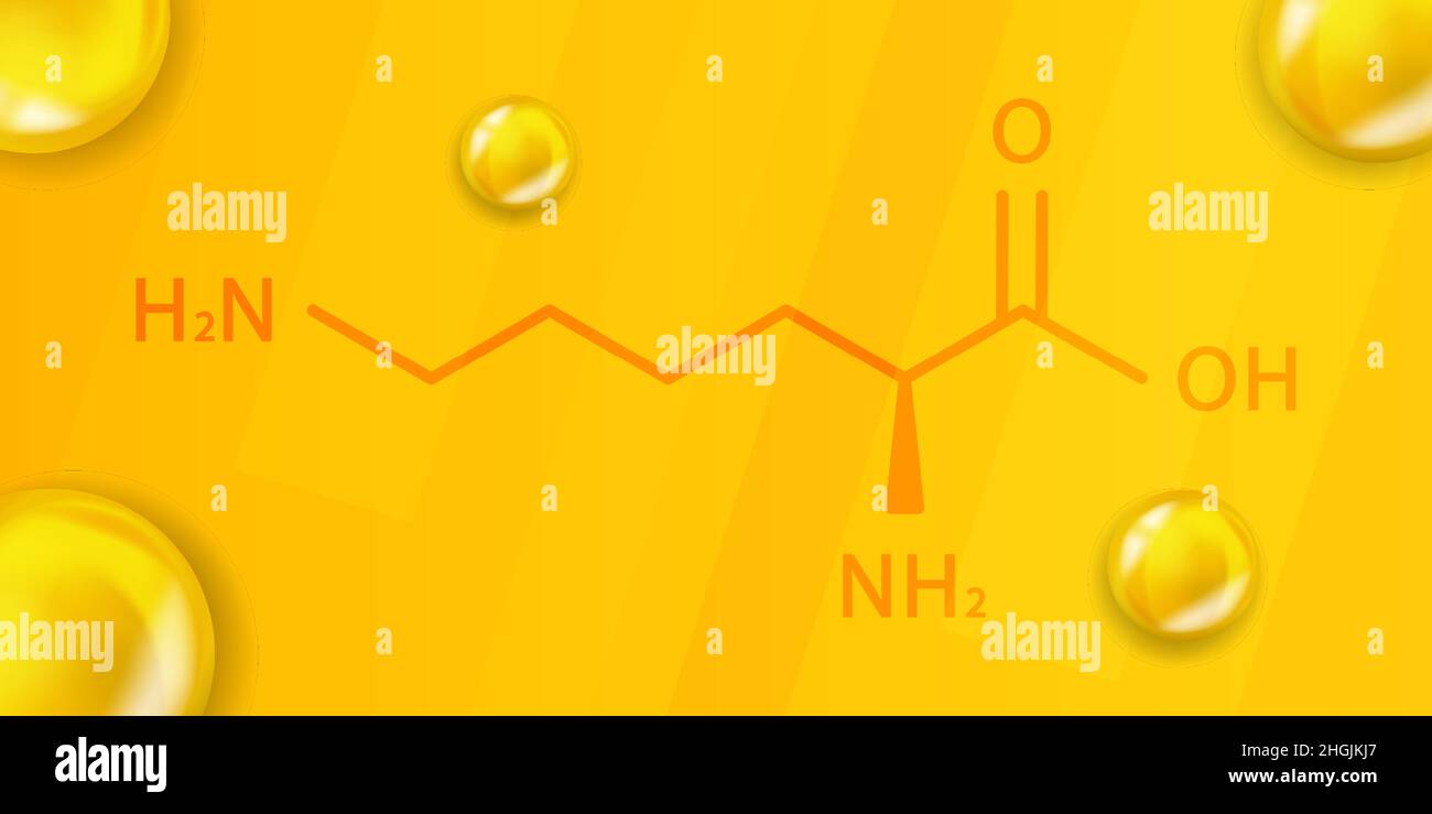 Formula chimica della lisina. Lisina 3D struttura molecolare chimica realistica Illustrazione Vettoriale