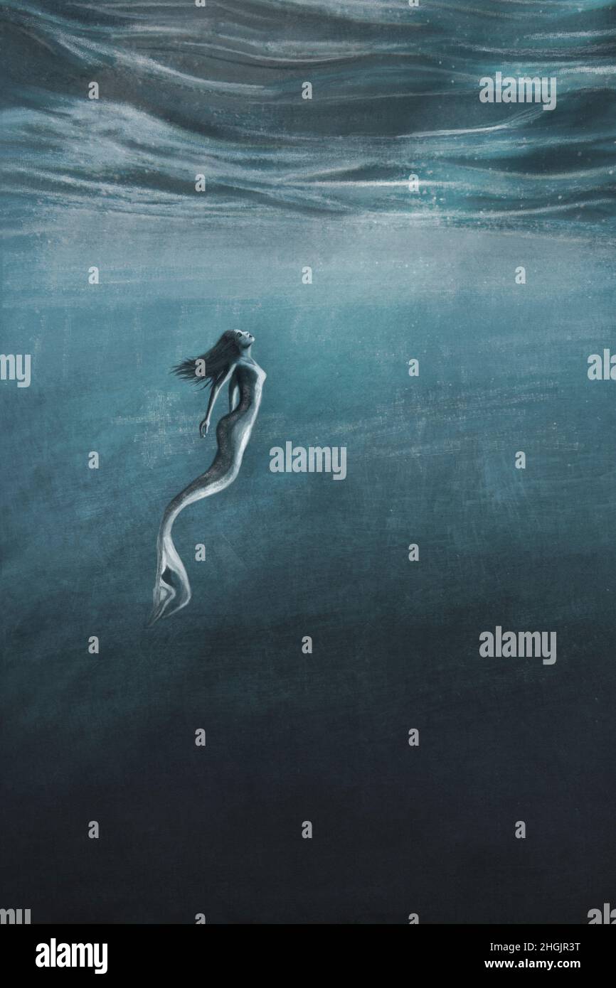 illustrazione con un'affascinante sirena da nuoto, simbolo di femminilità e bellezza Foto Stock