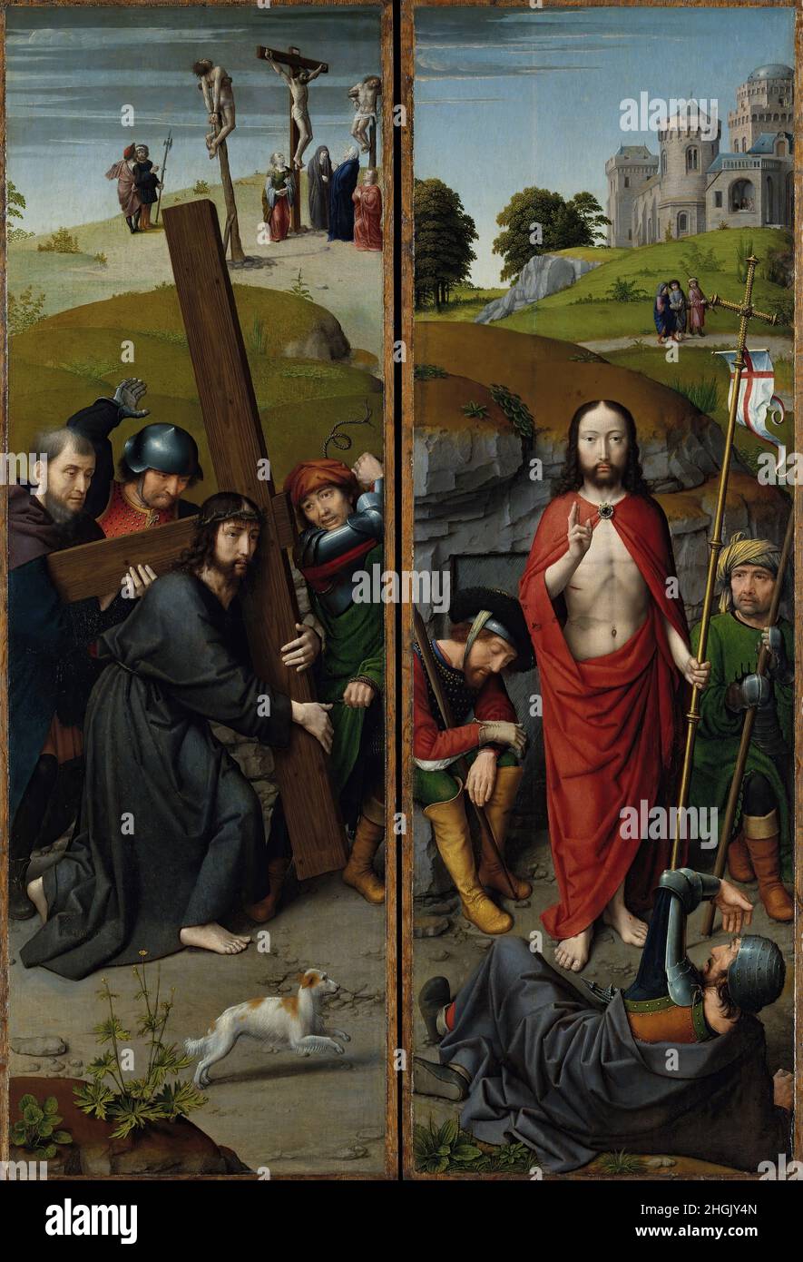 Cristo che porta la Croce, con la Crocifissione; la Risurrezione, con i pellegrini di Emmaus - 1510c. - olio su pannelli in legno sinistra 87,7 x 2David Gerard Foto Stock
