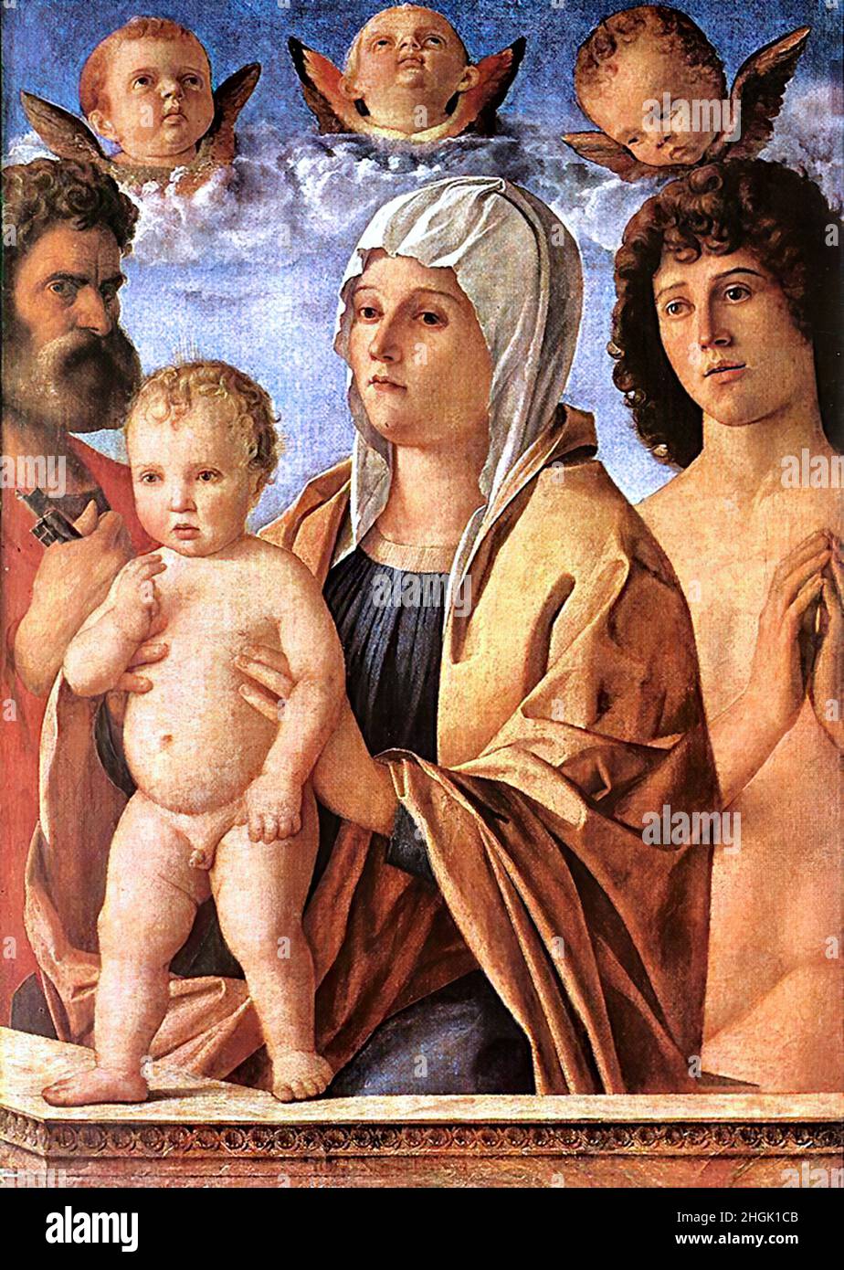 Madonna col Bambino con San Pietro e San Sebastiano - olio su legno 84 x 61 cm - Bellini Giovanni Foto Stock