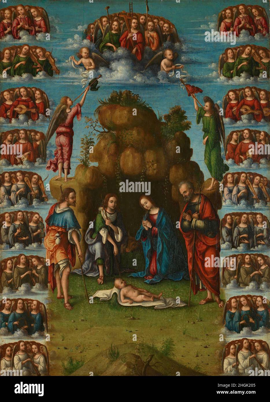 L'Adorazione dei Pastori con i nove Cori degli Angeli - 1499c. - olio su legno 52,4 x 37,5 cm - Costa Lorenzo il Vecchio Foto Stock