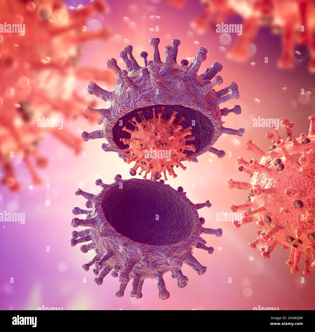 Covid-19 visto al microscopio. Variante del virus, coronavirus, proteina Spike. SARS-COV-2, rendering 3D Foto Stock