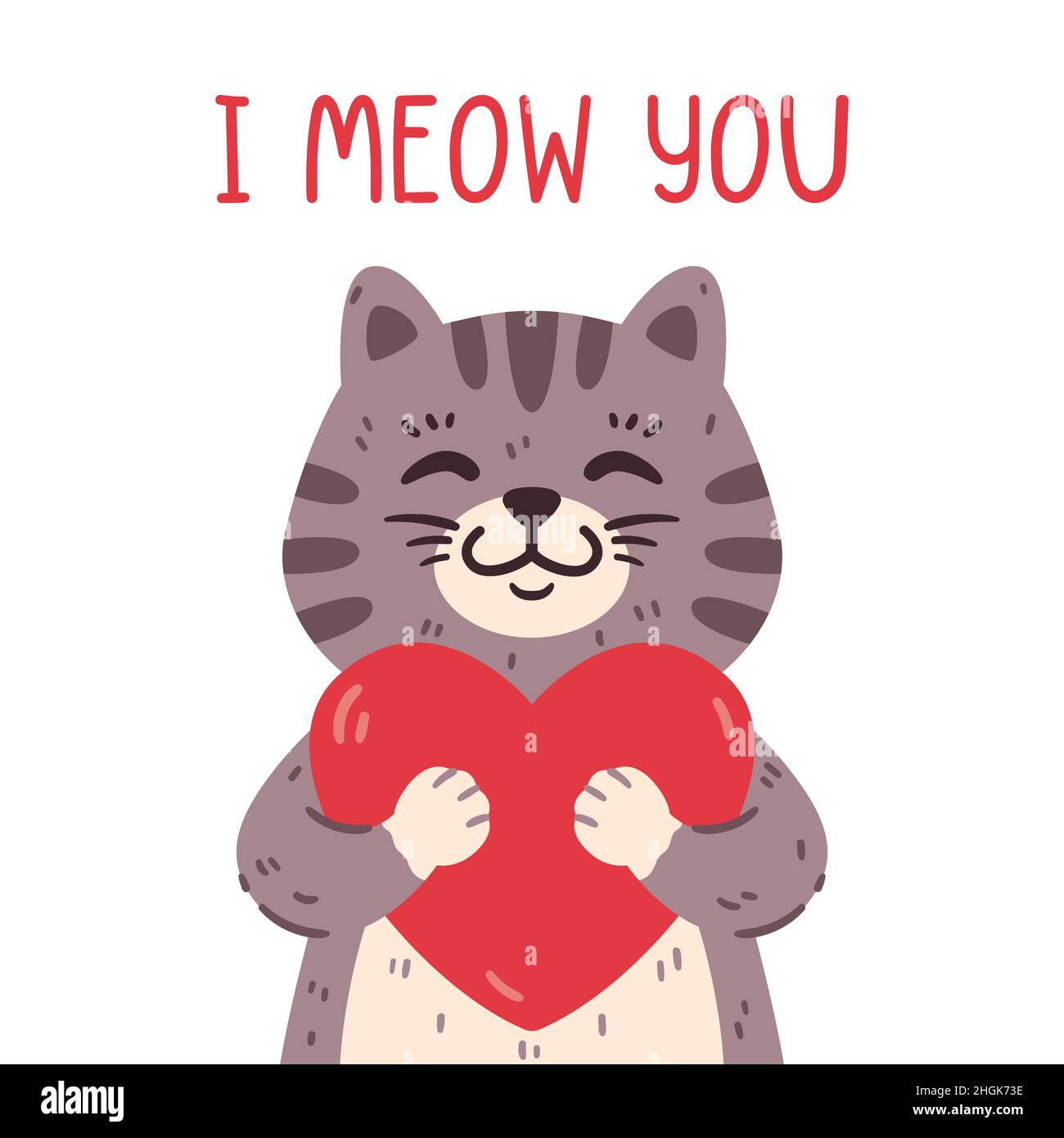 Carino gatto tenendo il cuore. Io mow voi biglietto d'auguri per san Valentino, n14 febbraio. Dolce animale domestico innamorato. Illustrazione vettoriale isolata Illustrazione Vettoriale