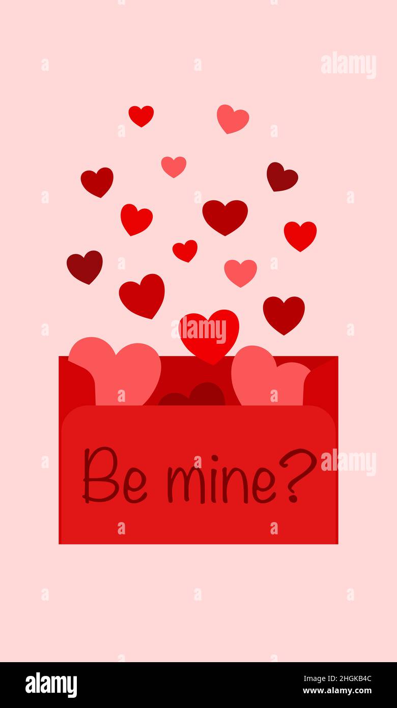 Carino lettera rossa romantica con i cuori che volano fuori di esso. Biglietto d'auguri pieno d'amore per il giorno o l'anniversario di San Valentino Illustrazione Vettoriale