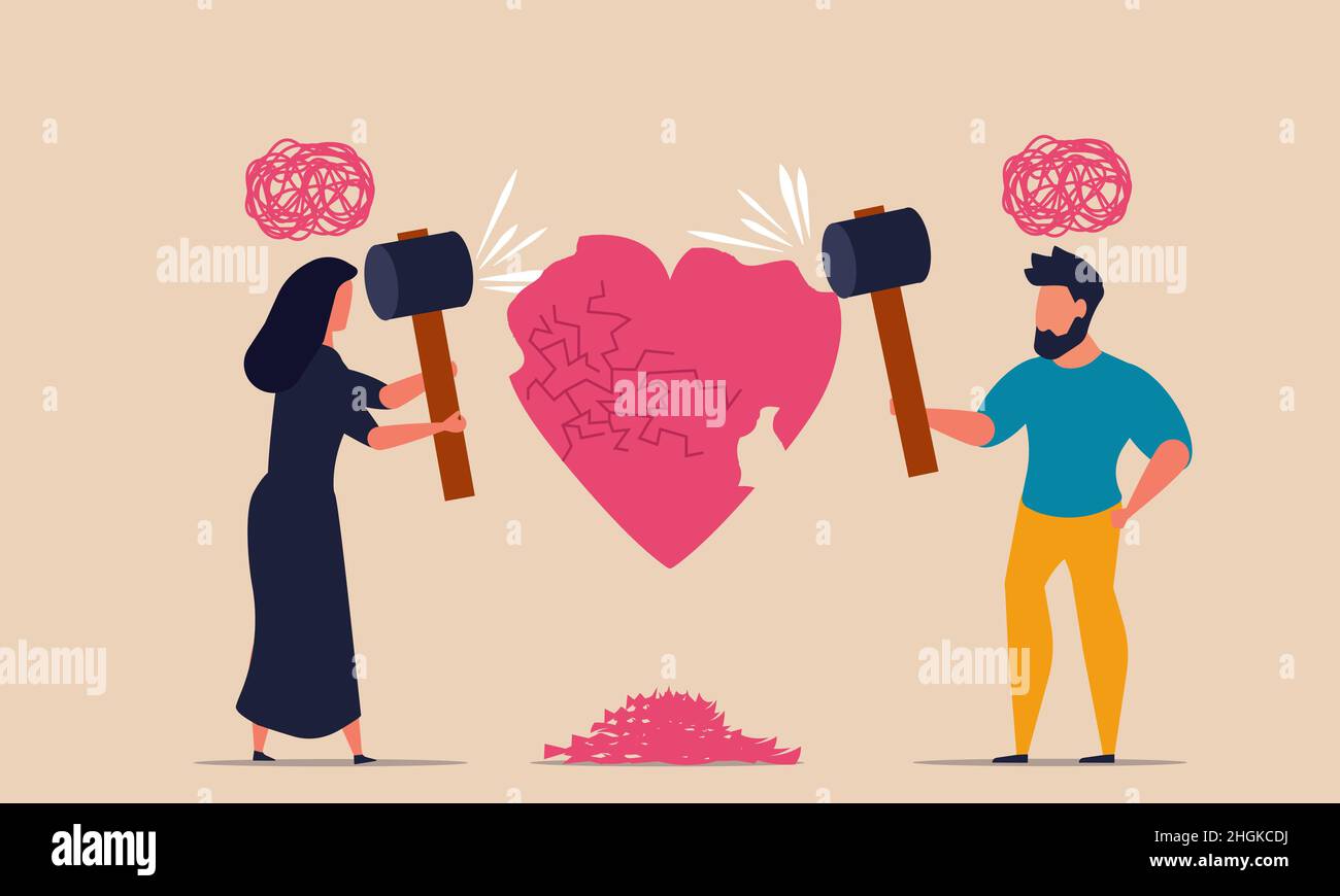 La violenza di famiglia e la coppia di rottura amano la gente. Divorzio con litigazione e rabbia conflitto vettore illustrazione concetto. La donna e l'uomo danneggiano il cuore e fanno Illustrazione Vettoriale