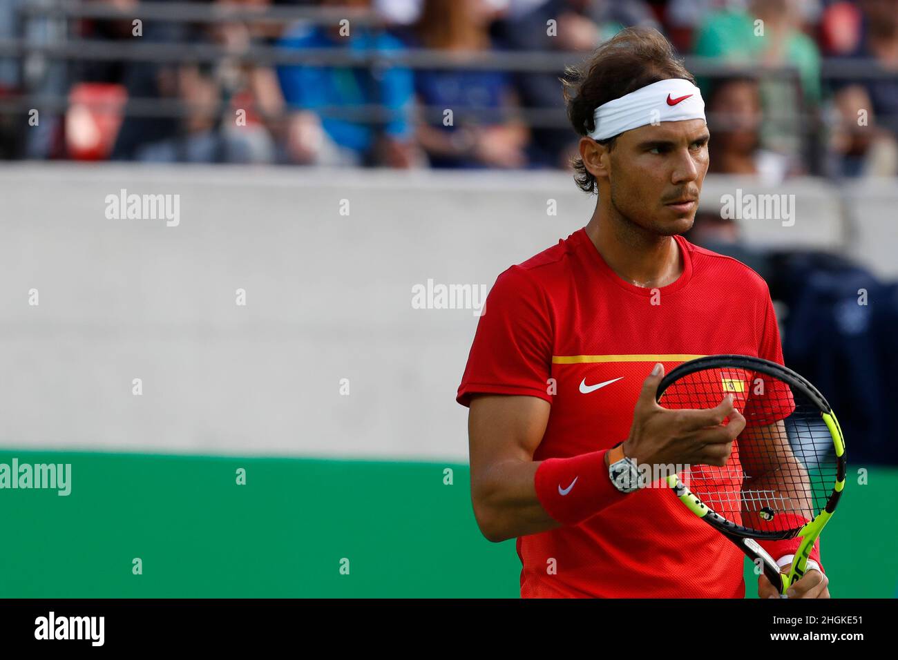 Rafael Nadal, tennista spagnolo, che gareggia ai Giochi Olimpici estivi di Rio 2016. Atleta spagnolo in campo, ex numero uno al mondo ATP classifiche Foto Stock
