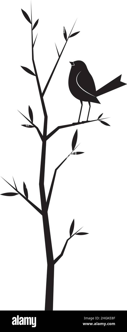 Silhouette di uccello su ramo isolato su sfondo bianco, vettore. Decalcomanie parete. Decorazioni artistiche, decorazioni a parete. Silhouette di uccello sul ramo, illustrazione Illustrazione Vettoriale