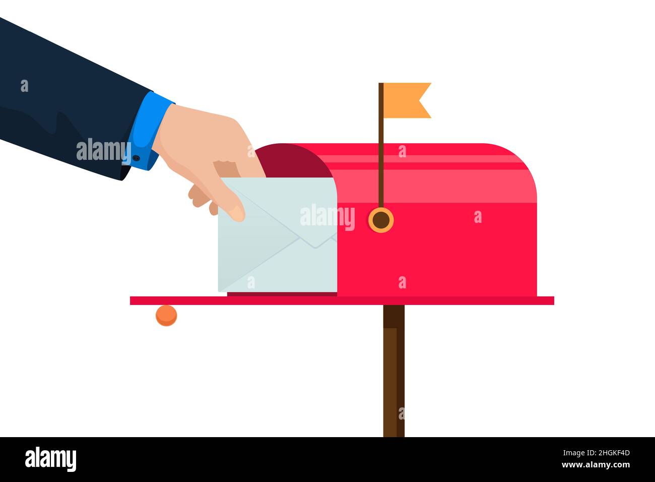 Businessman inserisce la lettera nella casella di posta. Mano umana che preleva la busta dalla casella postale. Ricezione della corrispondenza postale. Illustrazione eps vettoriale Illustrazione Vettoriale