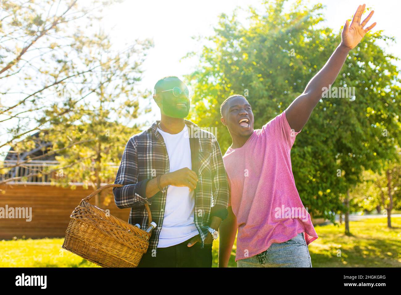 i fratelli afro-americani trascorrono le vacanze estive in un parco soleggiato Foto Stock