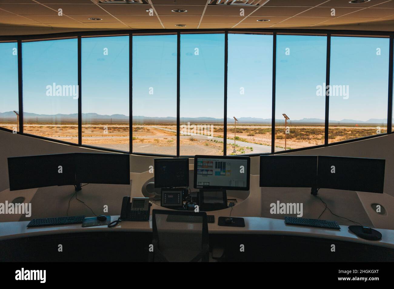Il banco del centro operativo Spaceport America, New Mexico Foto Stock
