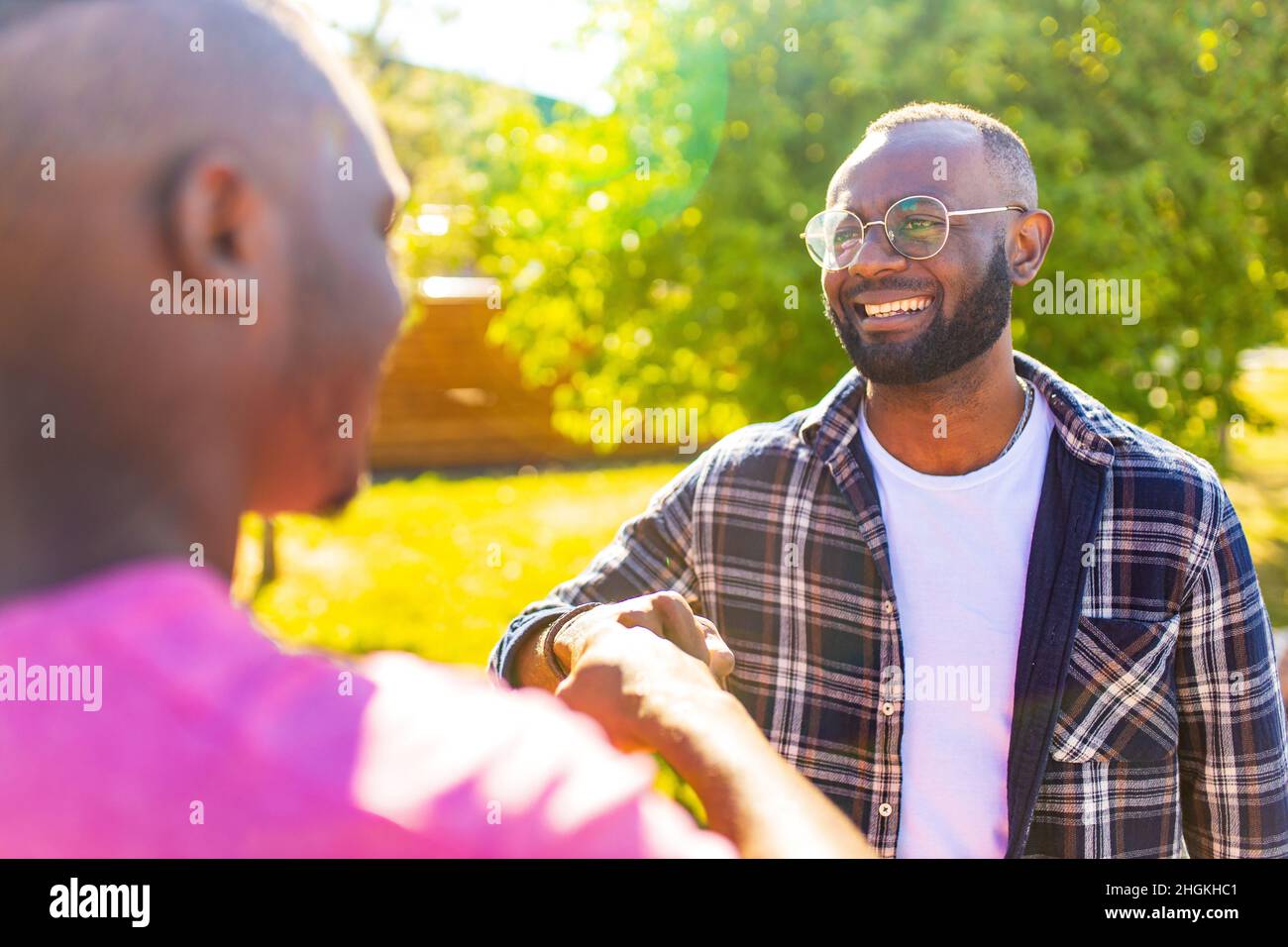 i fratelli afro-americani trascorrono le vacanze estive in un parco soleggiato Foto Stock