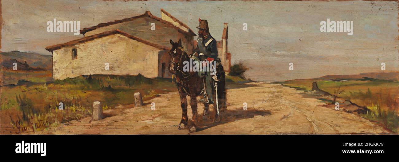 Carabiniere a cavallo in perlustrazione - - 1860 70 - olio su tavola 13 x 36 cm - fattori Giovanni Foto Stock