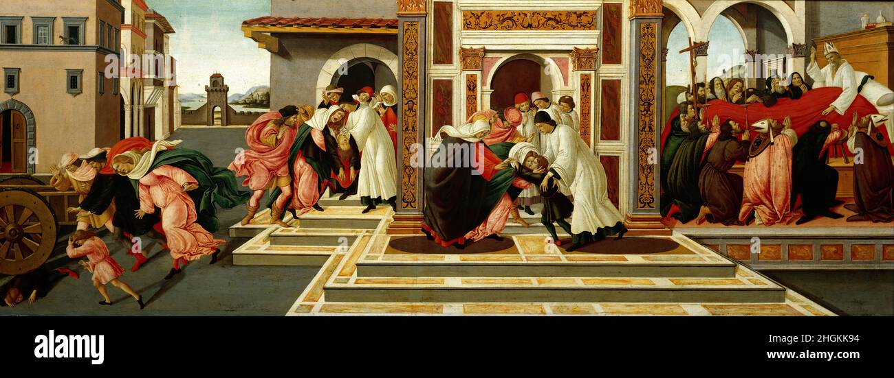 Tre Miracoli di San Zenobio - 1500C. - tempera su tela 66 x 182 cm - Botticelli Sandro Foto Stock