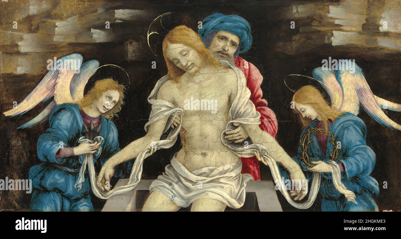 Il Cristo Morto cordoglio di Nicodemo e due Angels5 - olio su legno 17,5 x 33,3 cm - Lippi Filippino Foto Stock