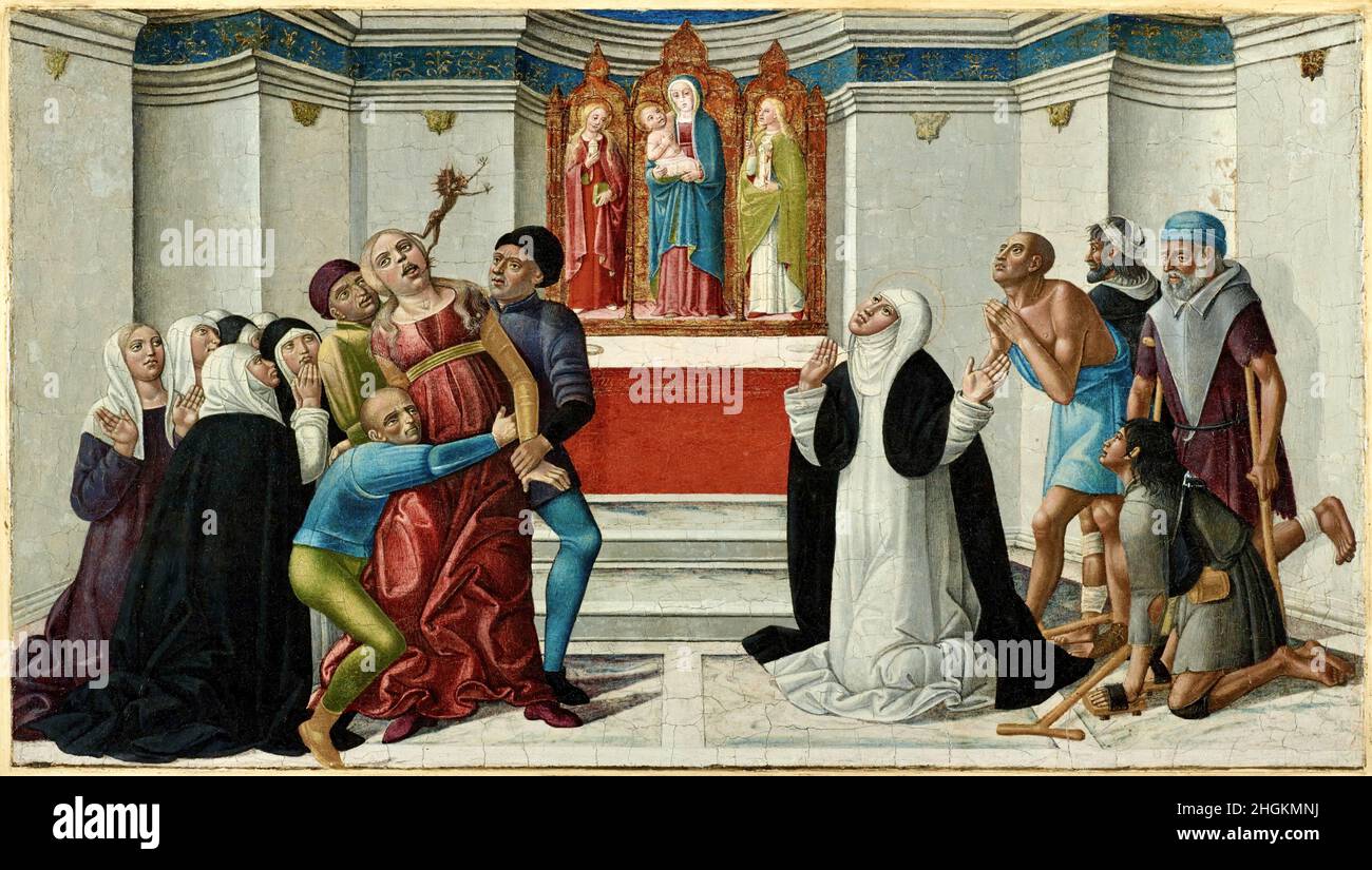 Santa Caterina da Siena esorcizzando una donna posseduta - 1505c. - tempera su tavola 30,4 x 55,2 cm - di Benvenuto Girolamo Foto Stock