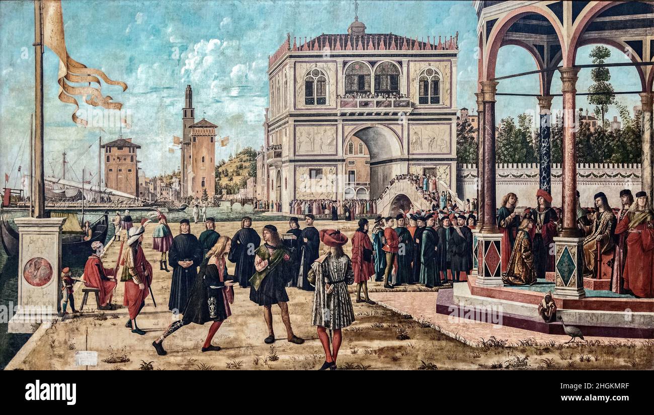 Ciclo di Sant'Orsola, soggiorno degli ambasciatori - 1495c. - olio su tela 297 x 526 cm - Carpaccio Vittore Foto Stock