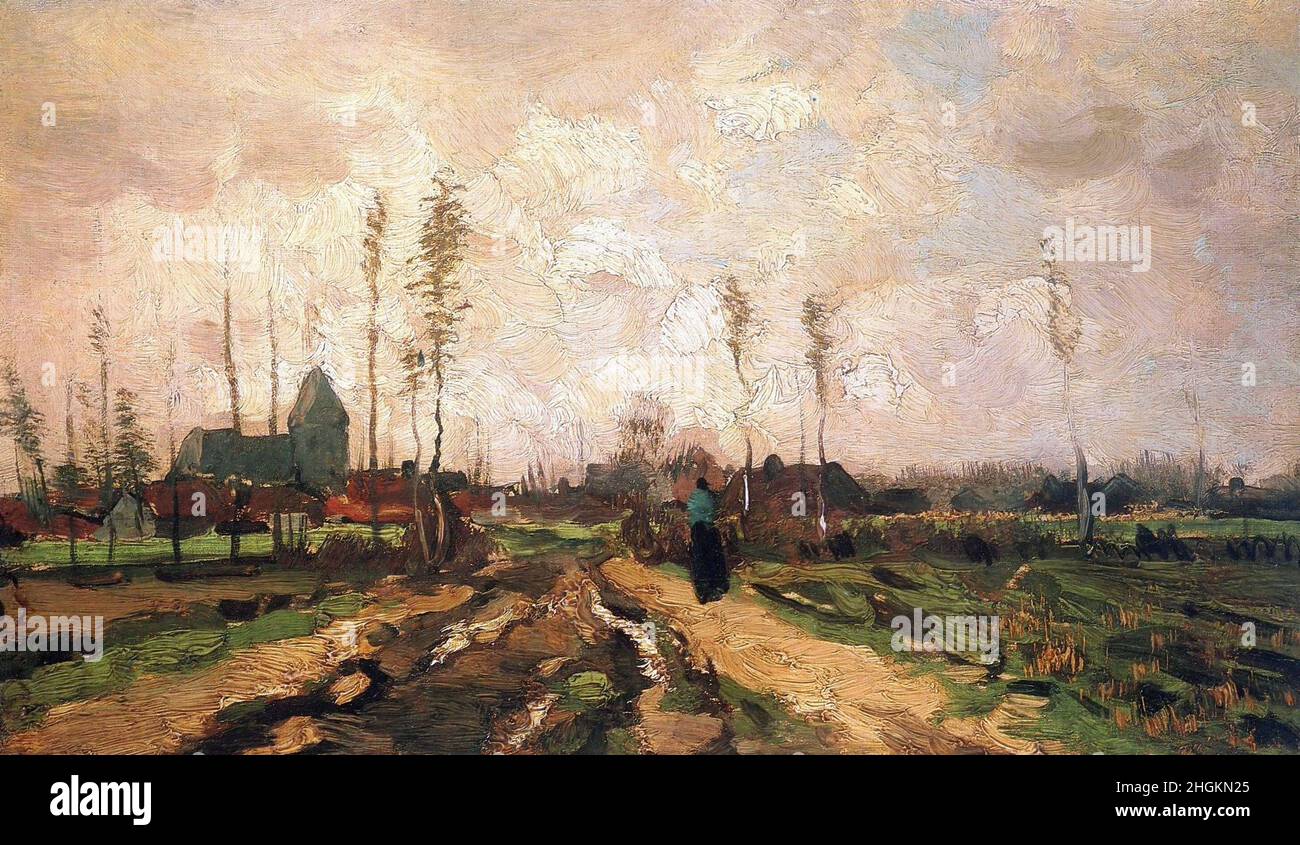 Van Gogh Vincent - Collezione privata - Paesaggio con Chiesa e Fattorie - 1885 - olio su tela 22 x 37 cm Foto Stock
