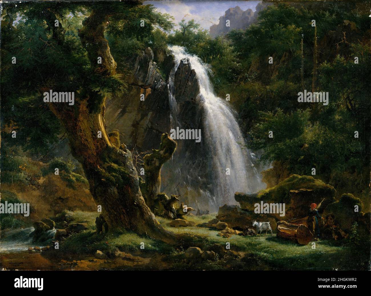 Cascata a Mont-Dore - olio su tela 41,3 x 56,2 cm - Michallon Achille-Etna Foto Stock