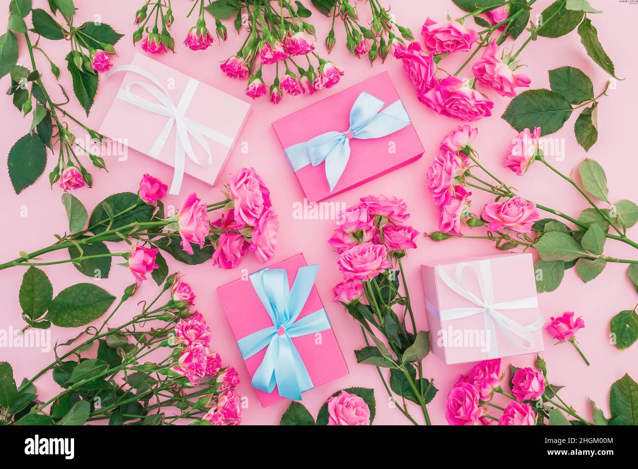 Concetto floreale di rose fiori e presenta scatola su sfondo rosa. Disposizione piatta, vista dall'alto. Foto Stock