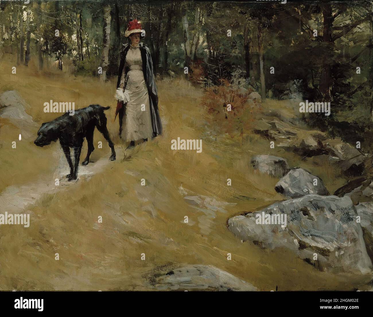 Sulla riva - Annie Edelfelt con un cane - 1883 - olio su tela 45,5 x 58 cm - Edelfelt Albert Foto Stock
