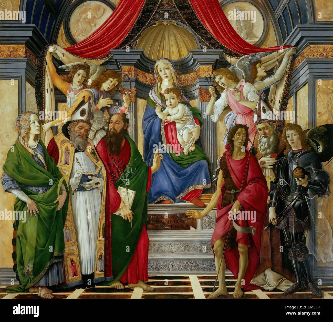 Palazzo degli Uffizi - Madonna con Bambino in trono con i Santi Caterina, Agostino Barnaba, Giovanni Battista, Ignazio, Michele e angelBotticelli Sandro Foto Stock