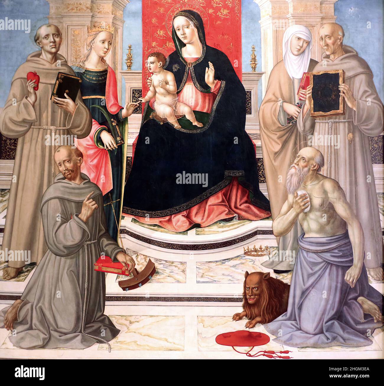 Madonna con Bambino con S Caterina d'Alessandria S Antonio da Padova S Francesco d'Assisi S Elisabetta d'Ungheria S Bernardino da di Benvenuto Girolamo Foto Stock