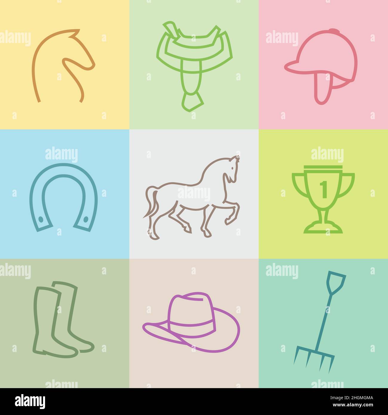 Set di icone vettoriali per l'equipaggiamento cavallo su sfondo multicolore. Illustrazione vettoriale a livelli facilmente modificabile. Illustrazione Vettoriale
