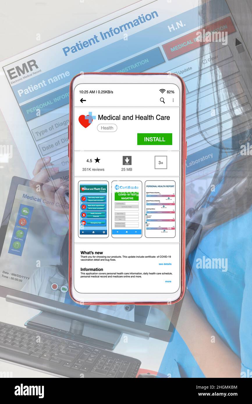 Smartphone che mostra l'applicazione medica e medica sullo schermo con servizio sanitario in background. Foto Stock