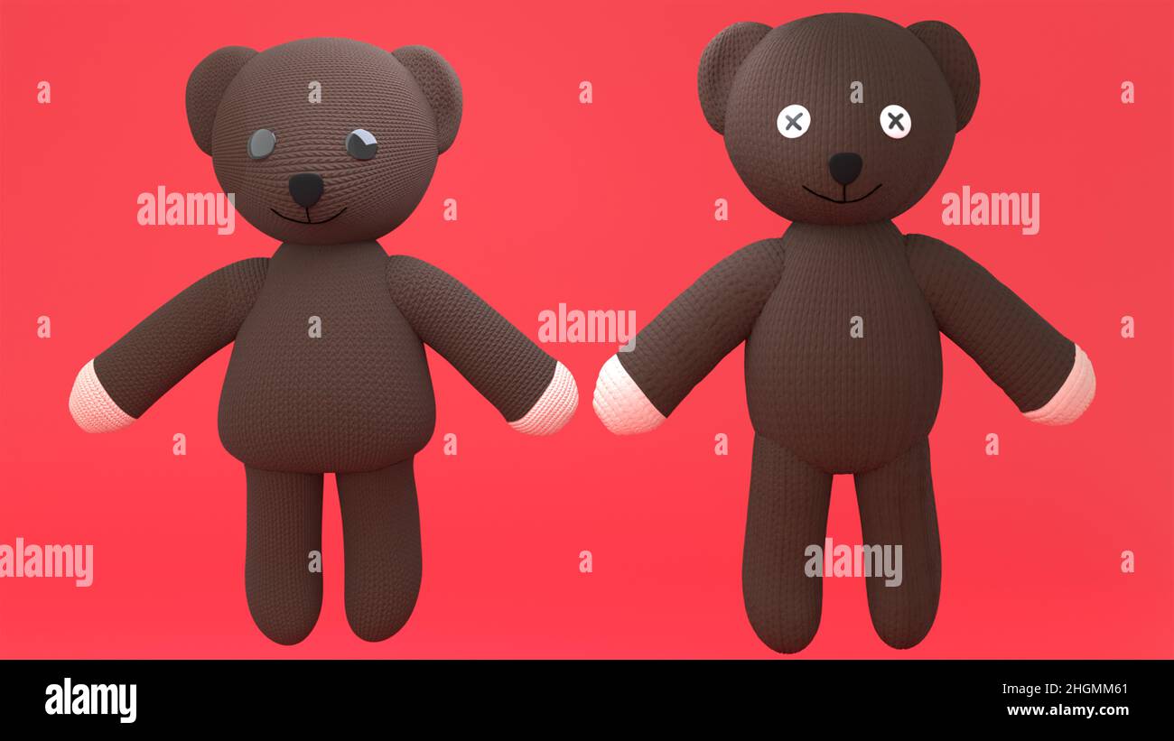 Teddy Buddies: I due orsacchiotti, un'illustrazione del 3D (resa nel software Blender 3D), giocattoli per bambini in posa in volo. Foto Stock