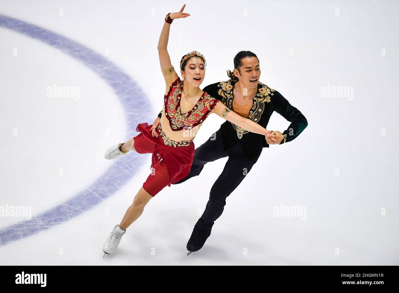 Tallinn, Estonia. 21st Jan 2022. Kana Muramoto (L)/Daisuke Takahashi del Giappone si esibiscono durante la danza libera del ghiaccio dei Campionati ISU di pattinaggio a figure dei quattro continenti a Tallinn, Estonia, 21 gennaio 2022. Credit: Sergei Stepanov/Xinhua/Alamy Live News Foto Stock