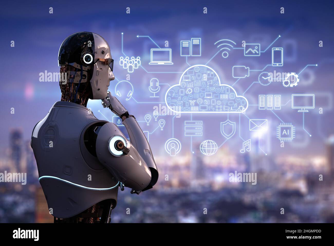 Cloud computing technology concept with 3d rendering humanoid robot work with cloud icon graphic display Foto Stock