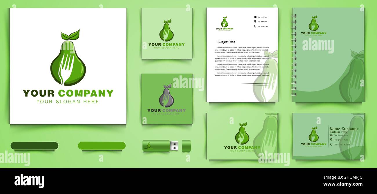 Avocado verde e spazio negativo del logo della forcella e modello di branding aziendale Design ispirazione isolato su sfondo bianco Illustrazione Vettoriale