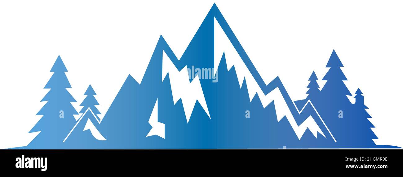 Logo di montagna con sfondo foresta di colore blu. Icona della montagna, simbolo dell'avventura all'aperto Illustrazione Vettoriale