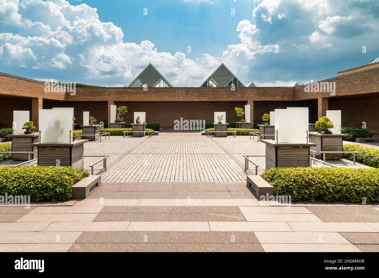 Glencoe, Illinois, Stati Uniti - 18 agosto 2014: Mostra di collezioni di bonsai al Chicago Botanic Garden. Foto Stock