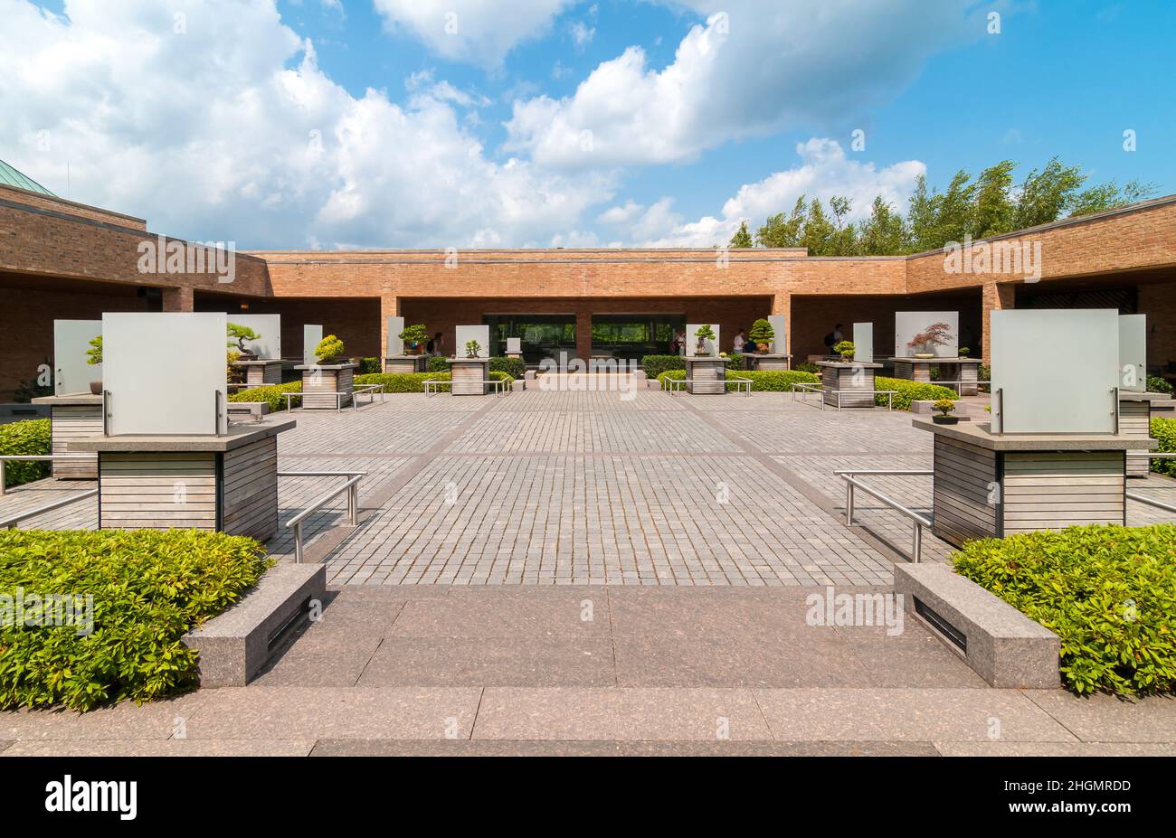 Glencoe, Illinois, Stati Uniti - 18 agosto 2014: Mostra di collezioni di bonsai al Chicago Botanic Garden. Foto Stock