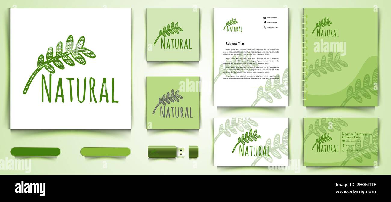 Emblema naturale sano Logo e modello di branding biglietto da visita Design ispirazione isolato su sfondo bianco Illustrazione Vettoriale