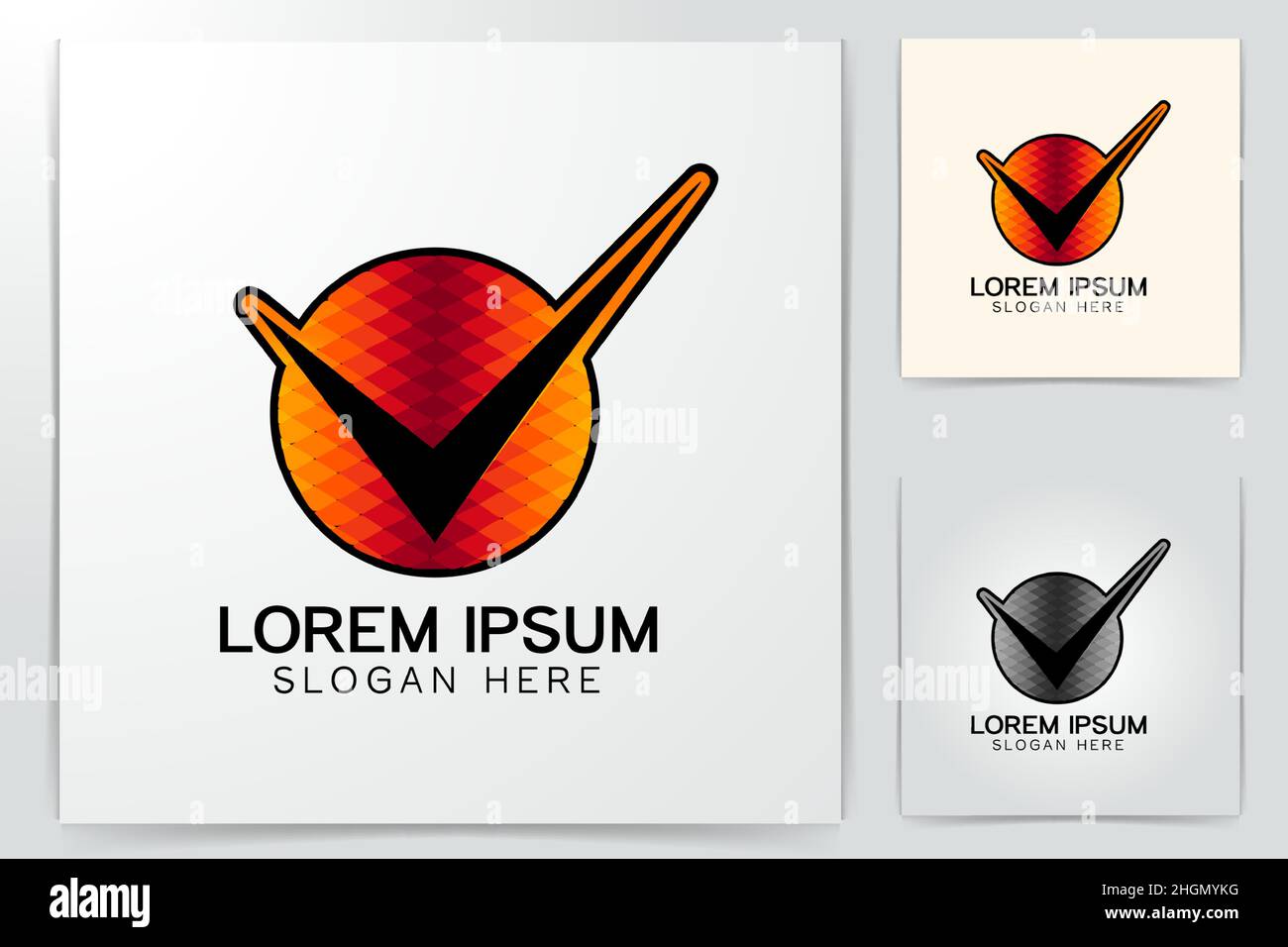 Round e segno di spunta disegni logo ispirazione isolata su sfondo bianco Illustrazione Vettoriale