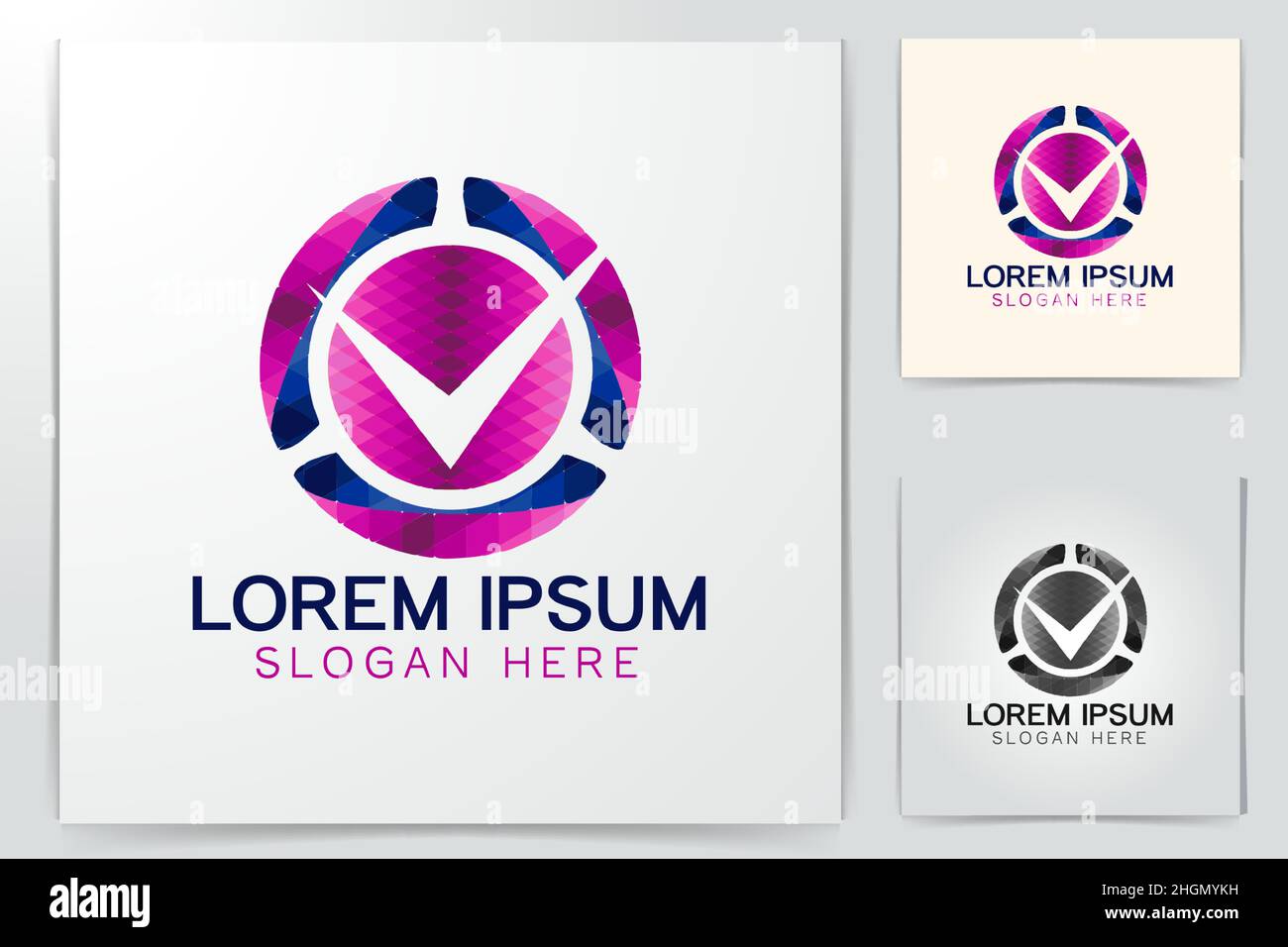 Round e segno di spunta disegni logo ispirazione isolata su sfondo bianco Illustrazione Vettoriale