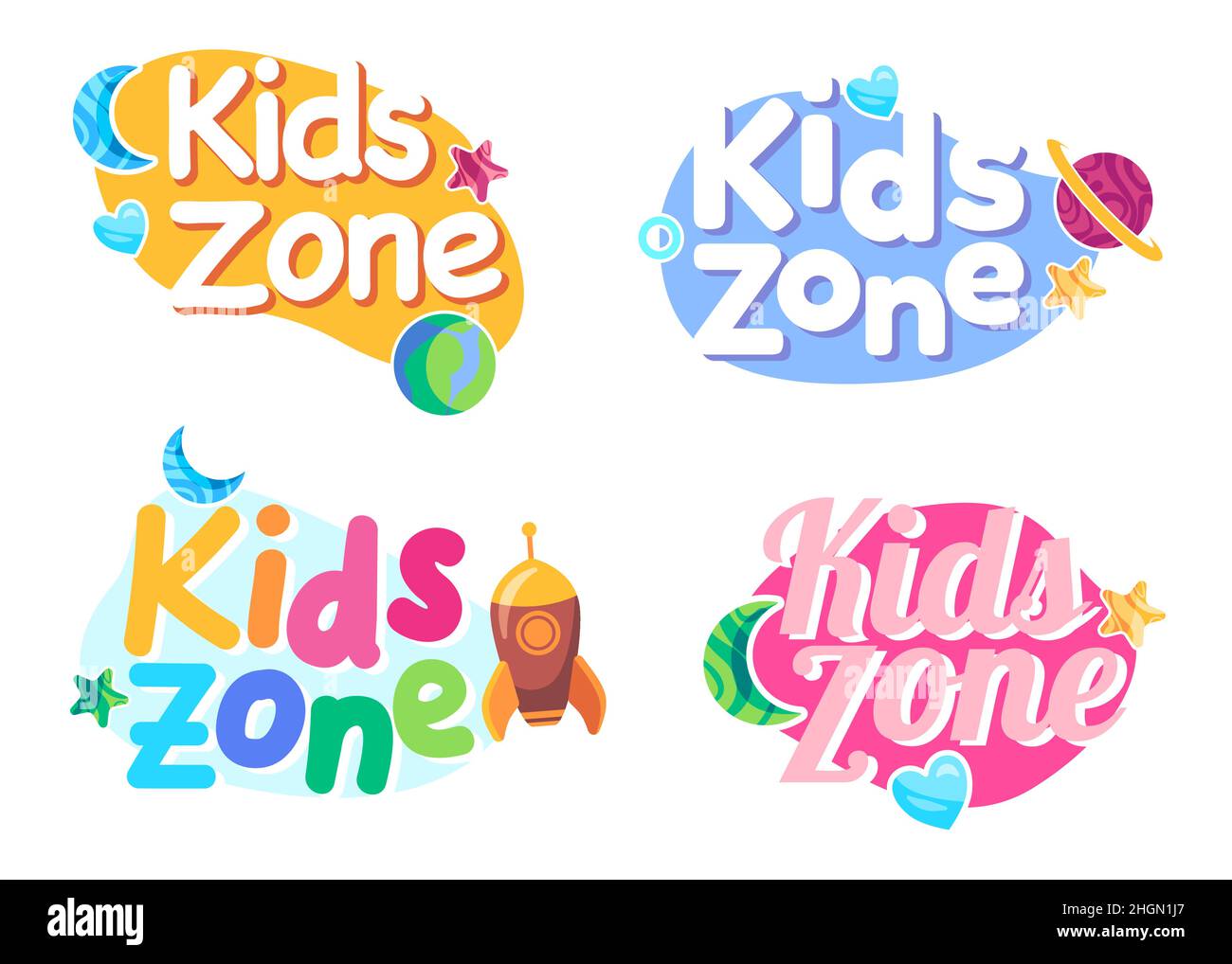 Area giochi per bambini, insegna etichetta banner per il parco giochi in stile colorato per bambini Illustrazione Vettoriale